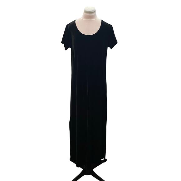 VINTAGE CASSINI Black Velvet Scoop Neck Cap sleeve Maxi Dress MEDIUM Side Slits - Picture 1 of 6